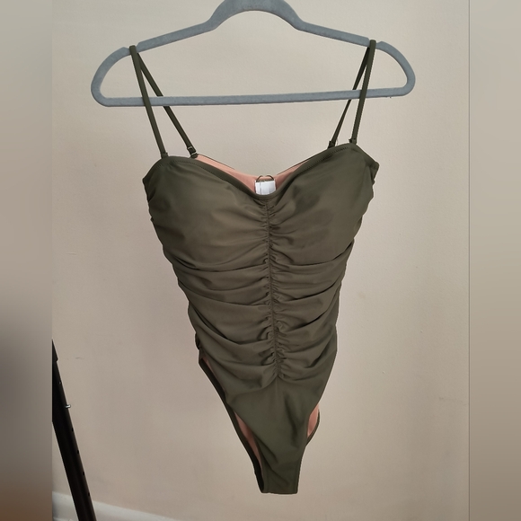 J. Crew Re-Imagined Green Ruched Sweetheart High Cut One Piece Swimsuit 12 NEW - Picture 3 of 5
